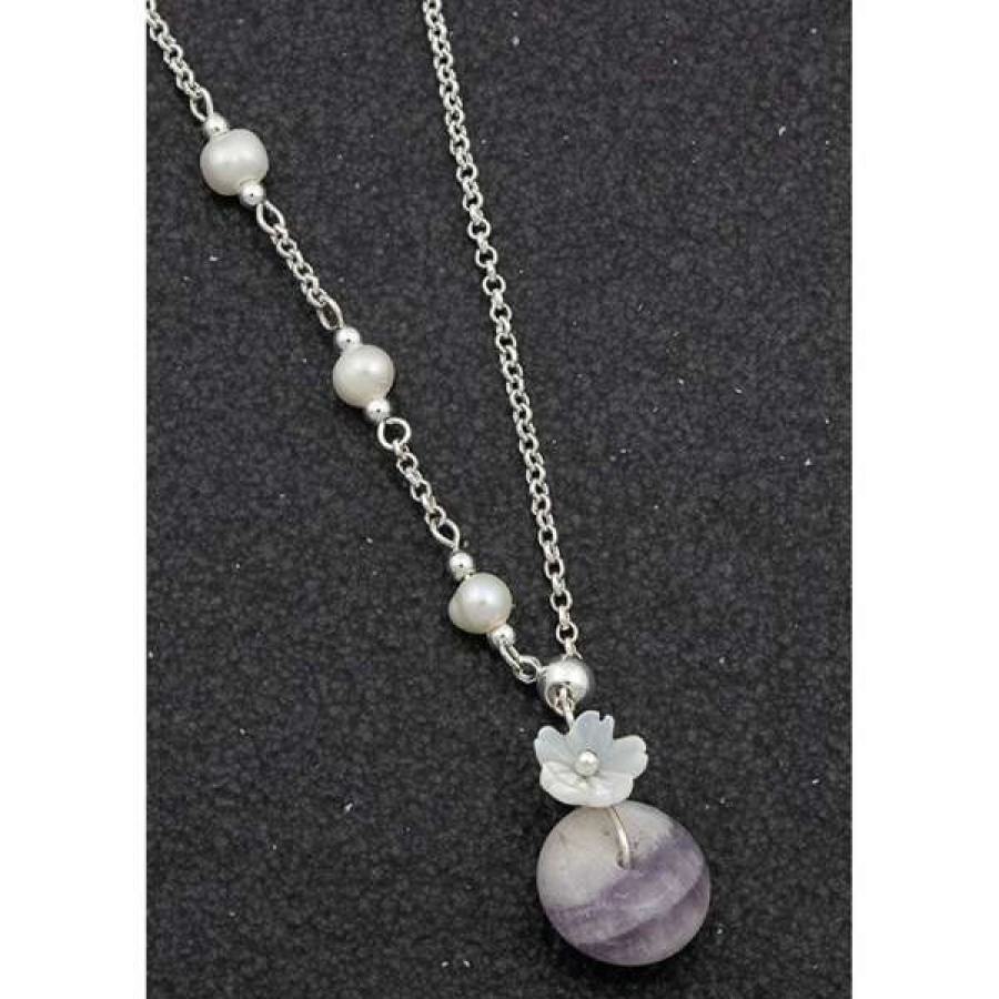 Giftware * | Equilibrium Giftware Freshwater Pearl Amethyst Silver Plated Flower Necklace