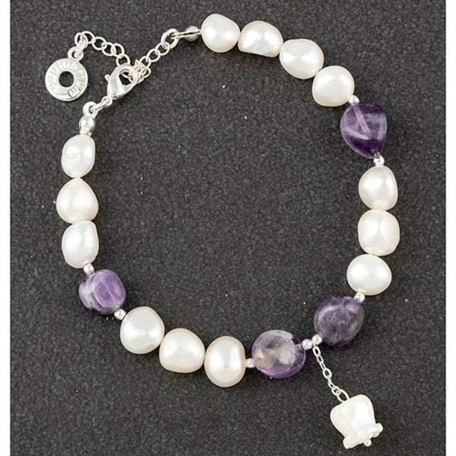 Giftware * | Equilibrium Freshwater Pearl Amethyst Sp Flower Charm Bracelet Giftware